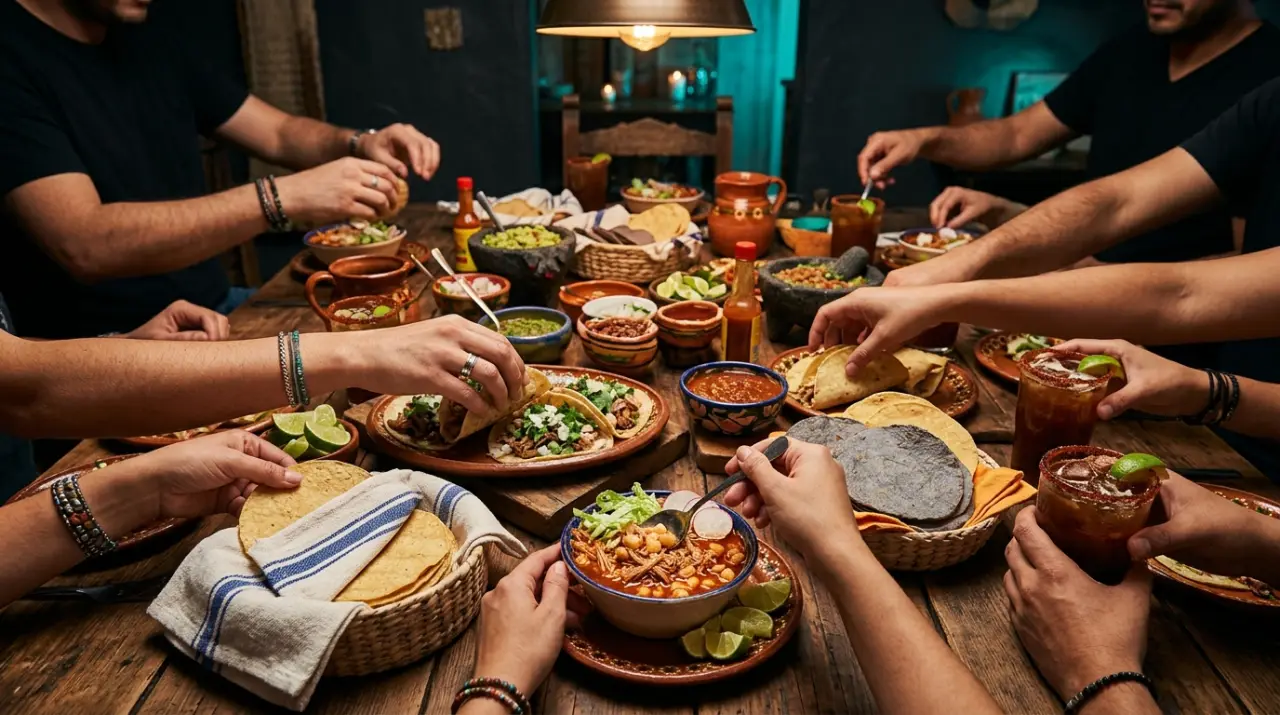 Mesa larga vista desde arriba con manos compartiendo tacos, pozole y tortillas