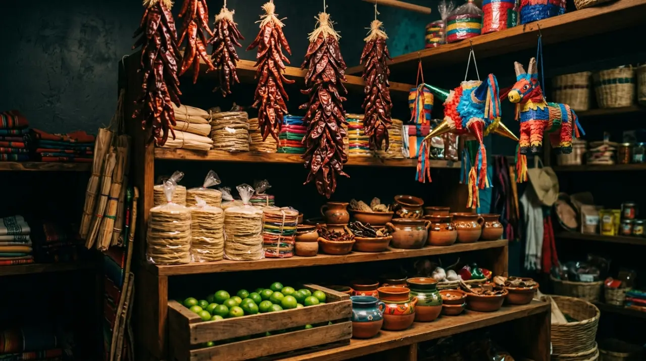 Estantes de tienda latina con ristras de chiles secos, tortillas y ollas de barro