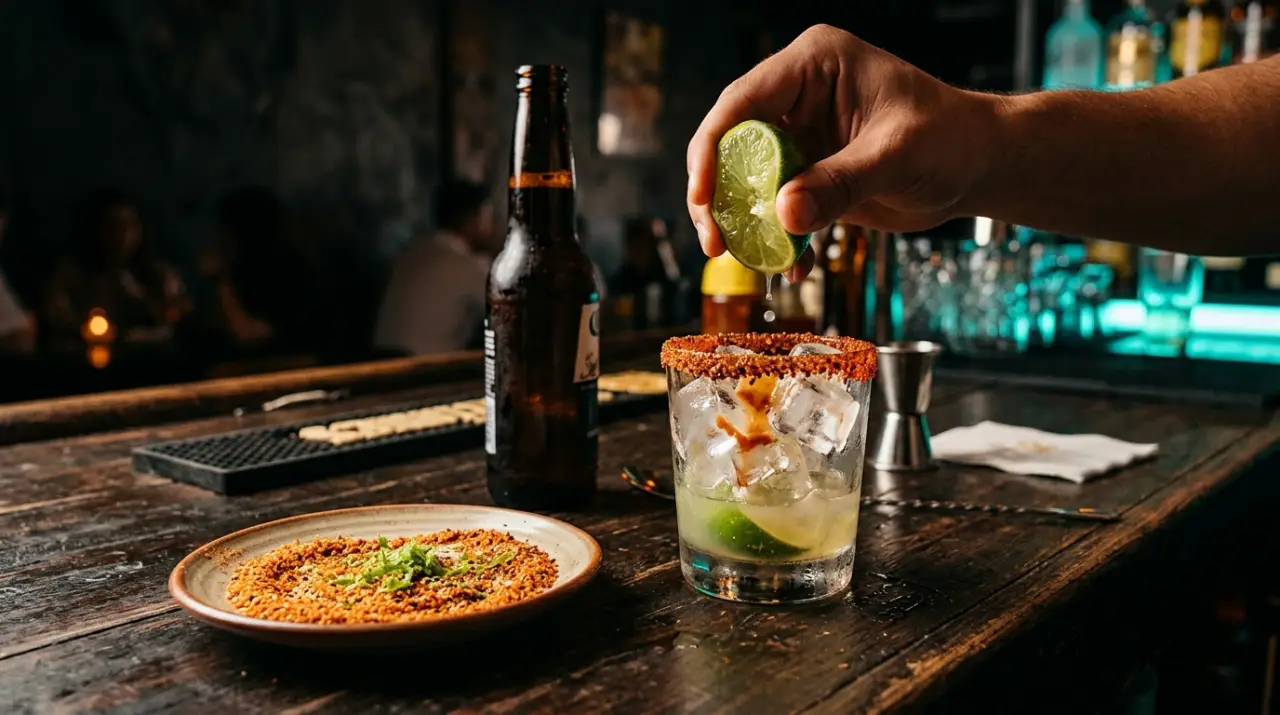Preparación de michelada: borde del vaso escarchado con sal y chile, limón exprimido y cerveza