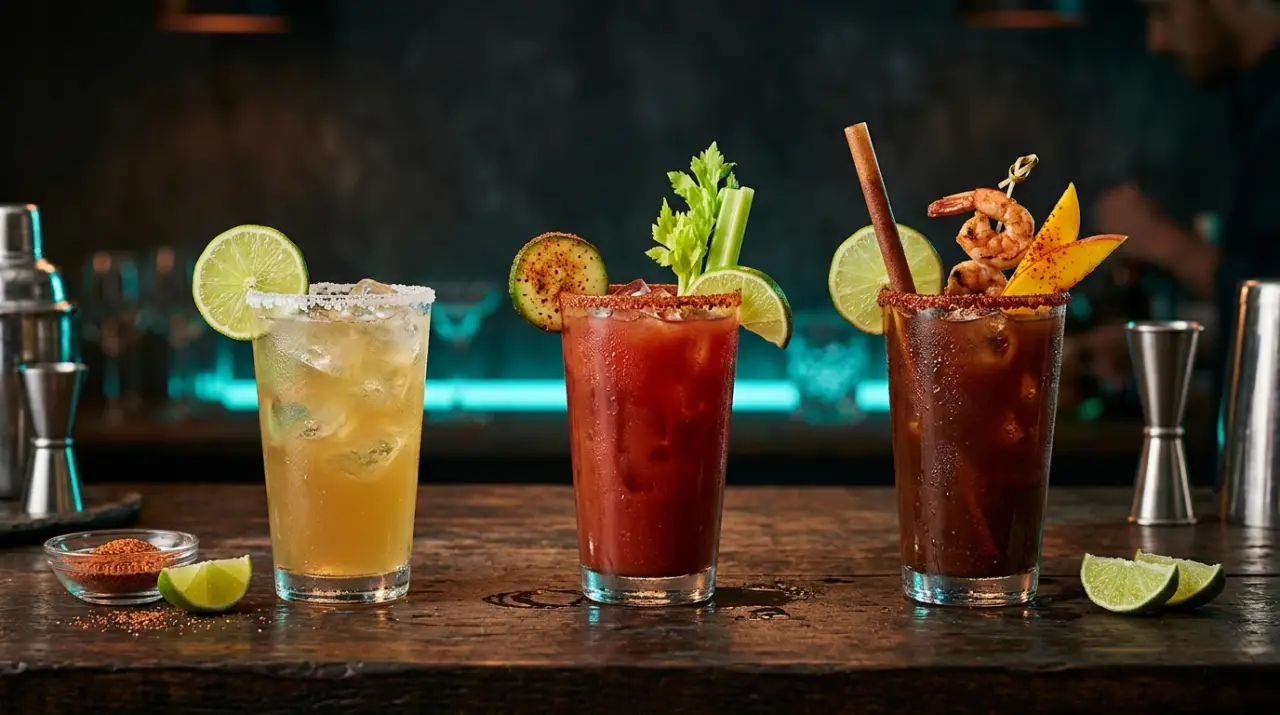 Tres variantes de michelada en una barra: chelada clara, michelada roja con clamato y cubana oscura