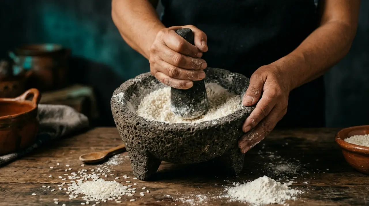Manos curando un molcajete nuevo moliendo arroz crudo en la piedra volcánica