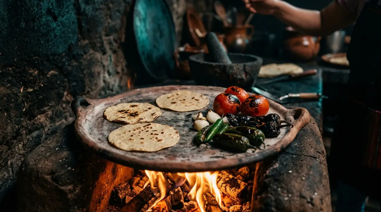 Comal de barro sobre fuego con tortillas y chiles asándose para salsa
