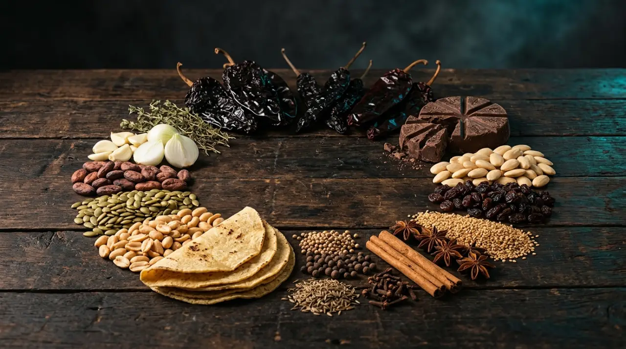 Ingredientes del mole en círculo: chiles secos, chocolate, almendras, especias y ajonjolí