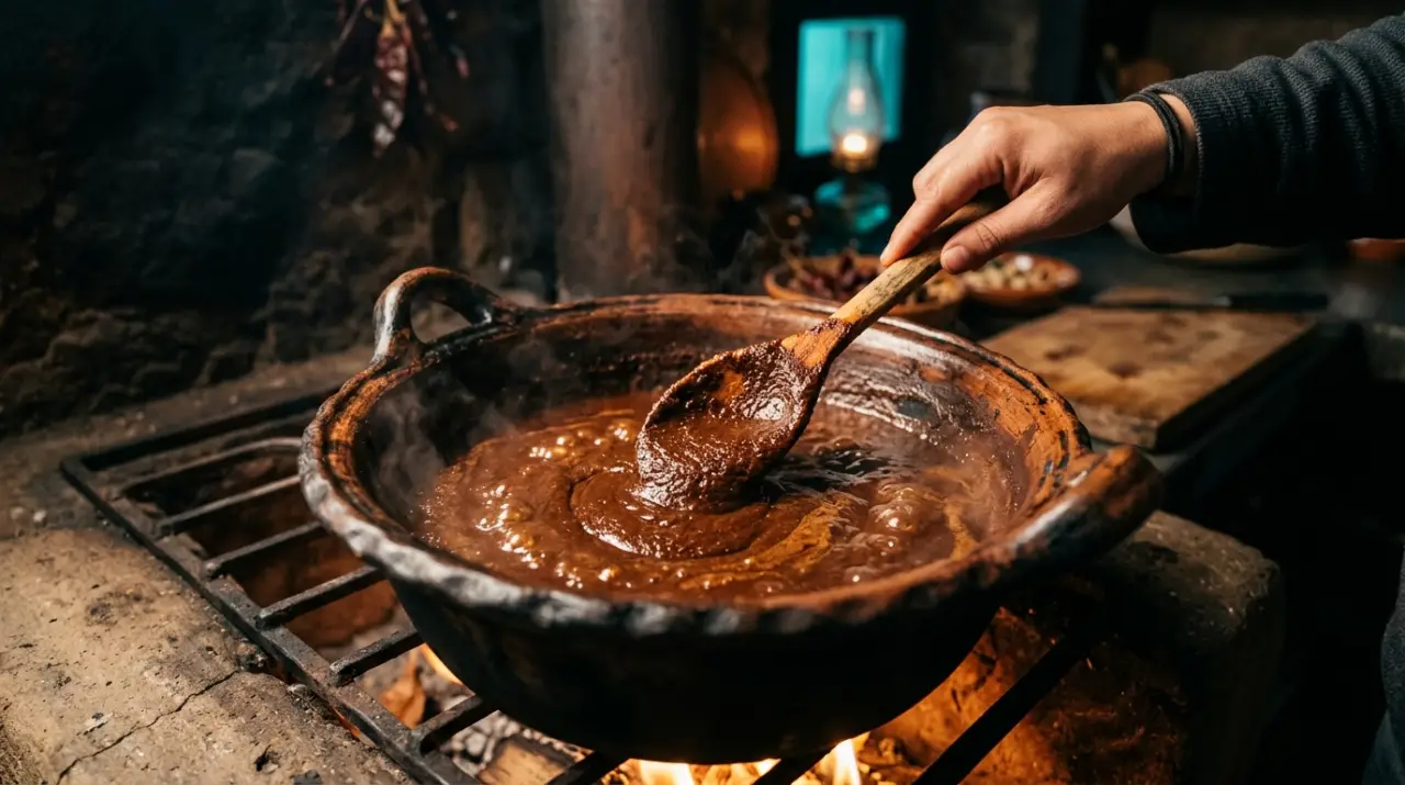 Mole disolviéndose en una cazuela de barro removido con cuchara de madera