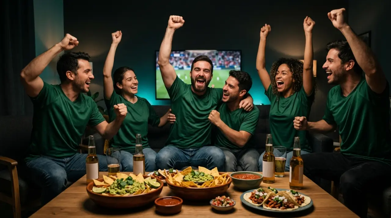 Amigos con jerseys verdes celebrando un gol de México en un salón