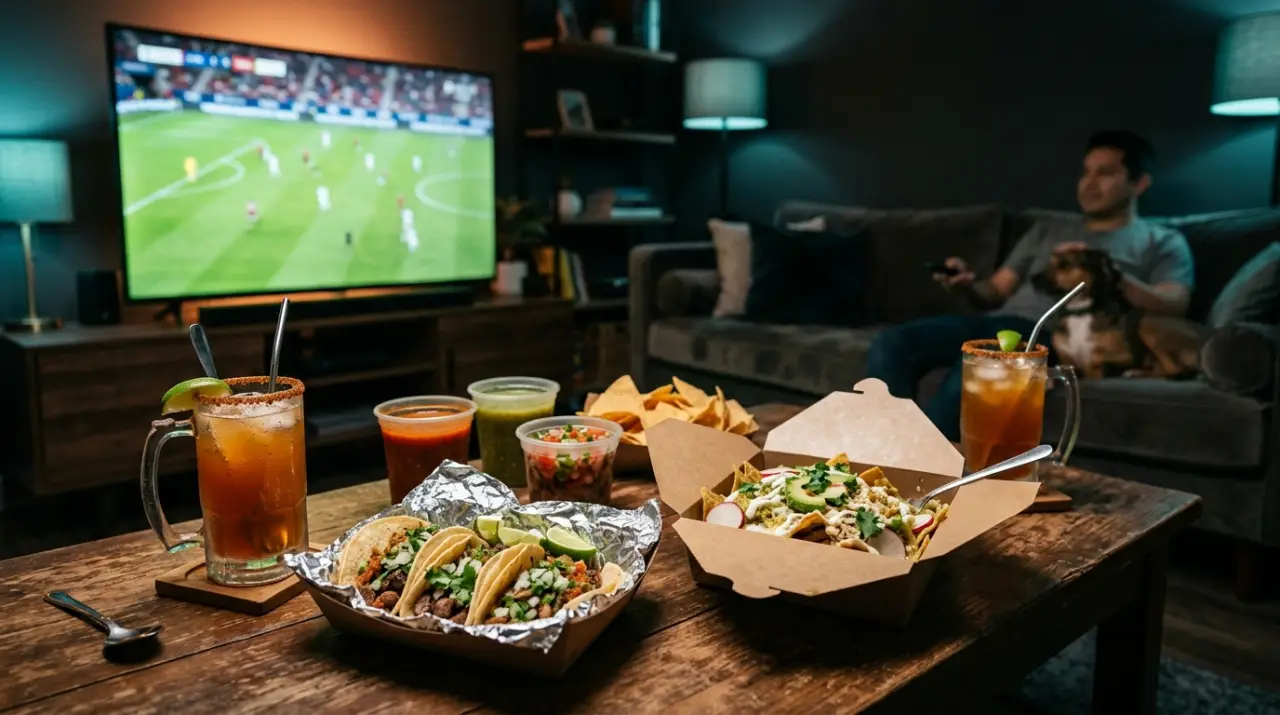 Festín mexicano de take away frente al televisor en noche de partido