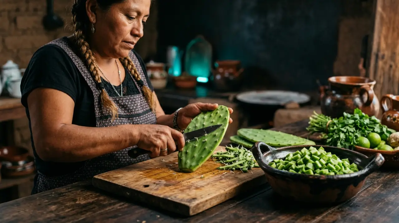 Pencas de nopal limpiándose con cuchillo y nopalitos picados en un bol