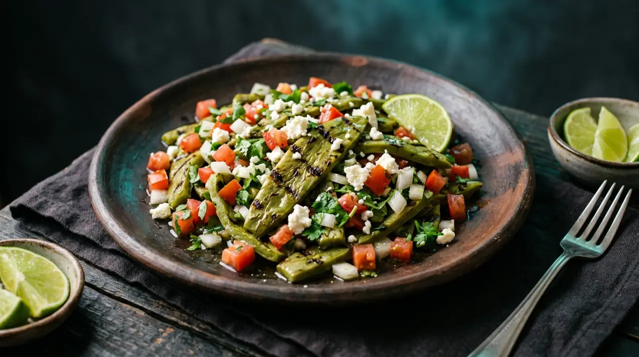 Ensalada de nopales asados con jitomate, cebolla, cilantro y queso fresco