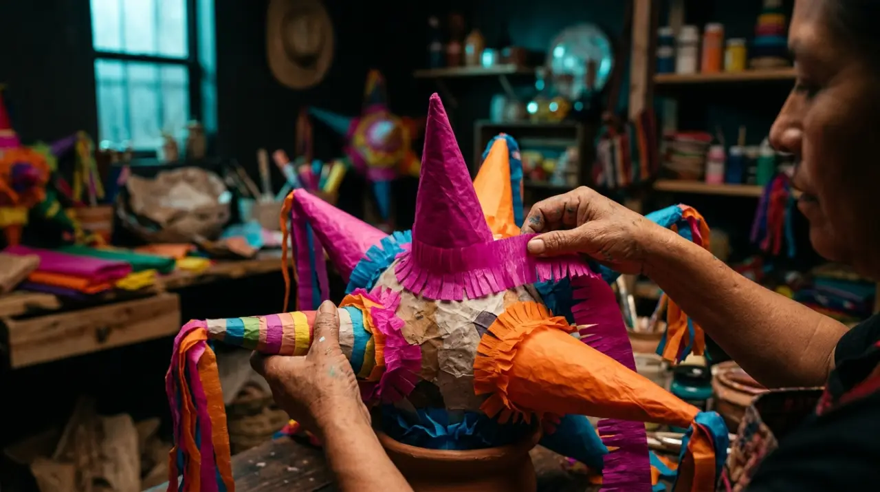 Manos artesanas forrando una olla de barro con papel de china de colores