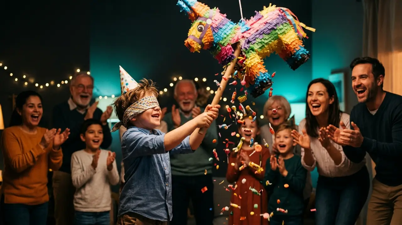 Niño con los ojos vendados golpeando una piñata mientras la familia canta