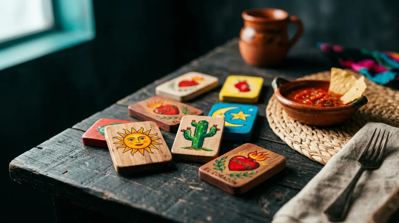 Cartas de lotería mexicana con iconos de colores esparcidas sobre una mesa