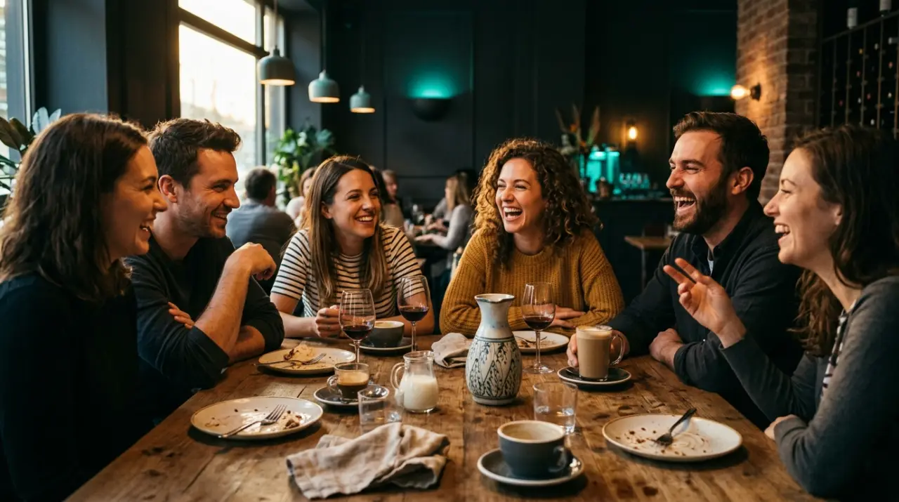 Amigos conversando y riendo en la sobremesa de un restaurante