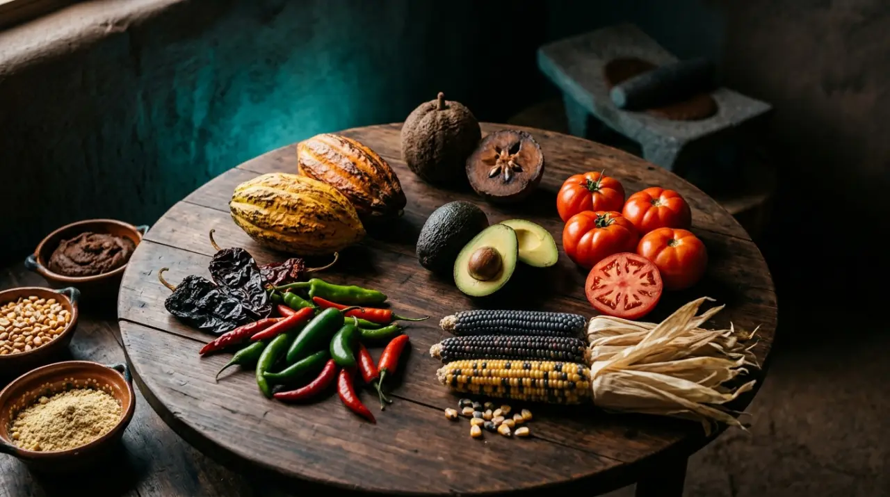 Cacao, aguacates, jitomates, chiles, maíz y chicozapote en círculo