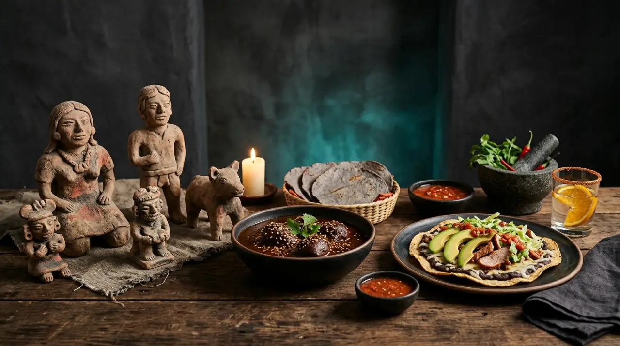 Figuras de barro prehispánicas junto a platillos mexicanos actuales