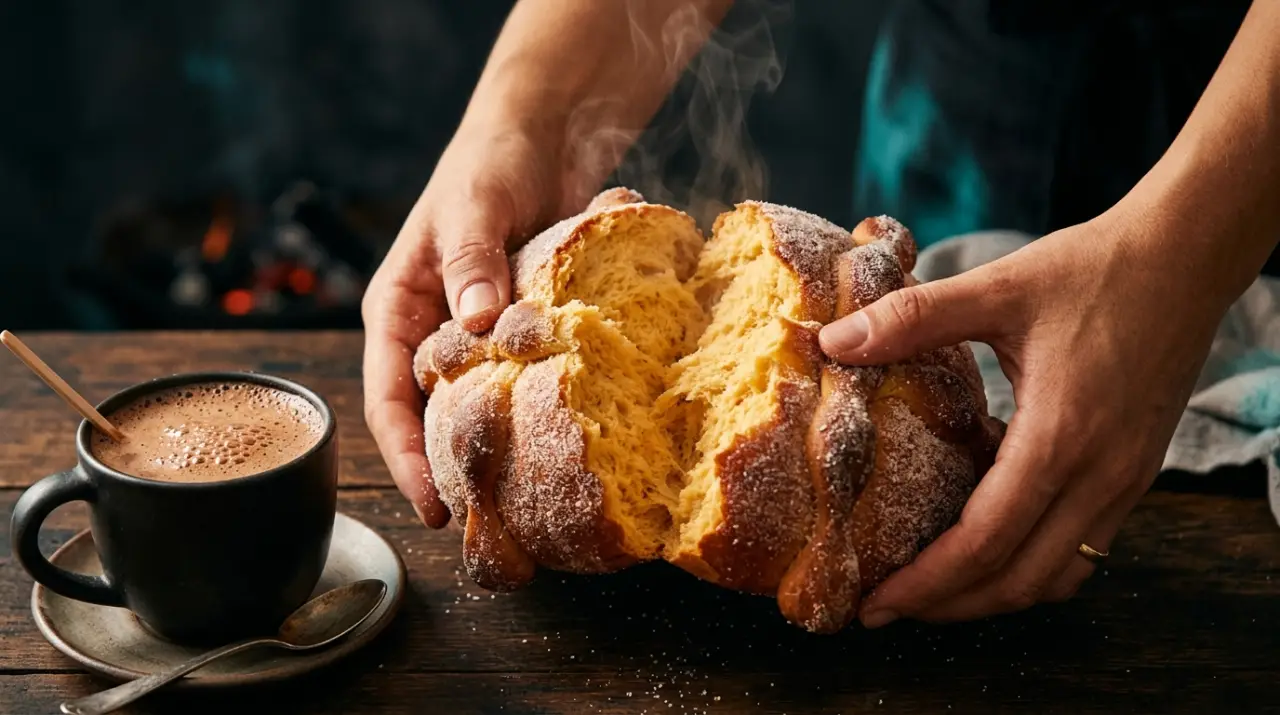 Pan de muerto recién abierto mostrando la miga esponjosa junto a chocolate caliente