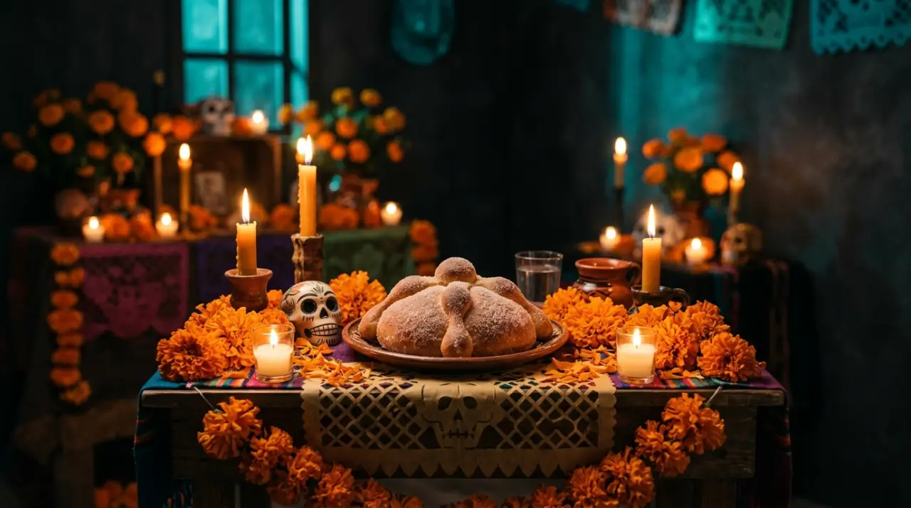 Pan de muerto sobre una ofrenda con velas y flores de cempasúchil