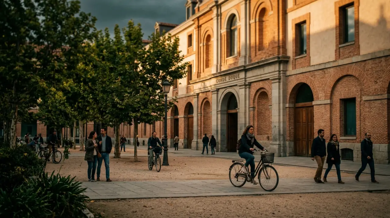 Zona de Conde Duque en Madrid con su edificio cultural y gente paseando