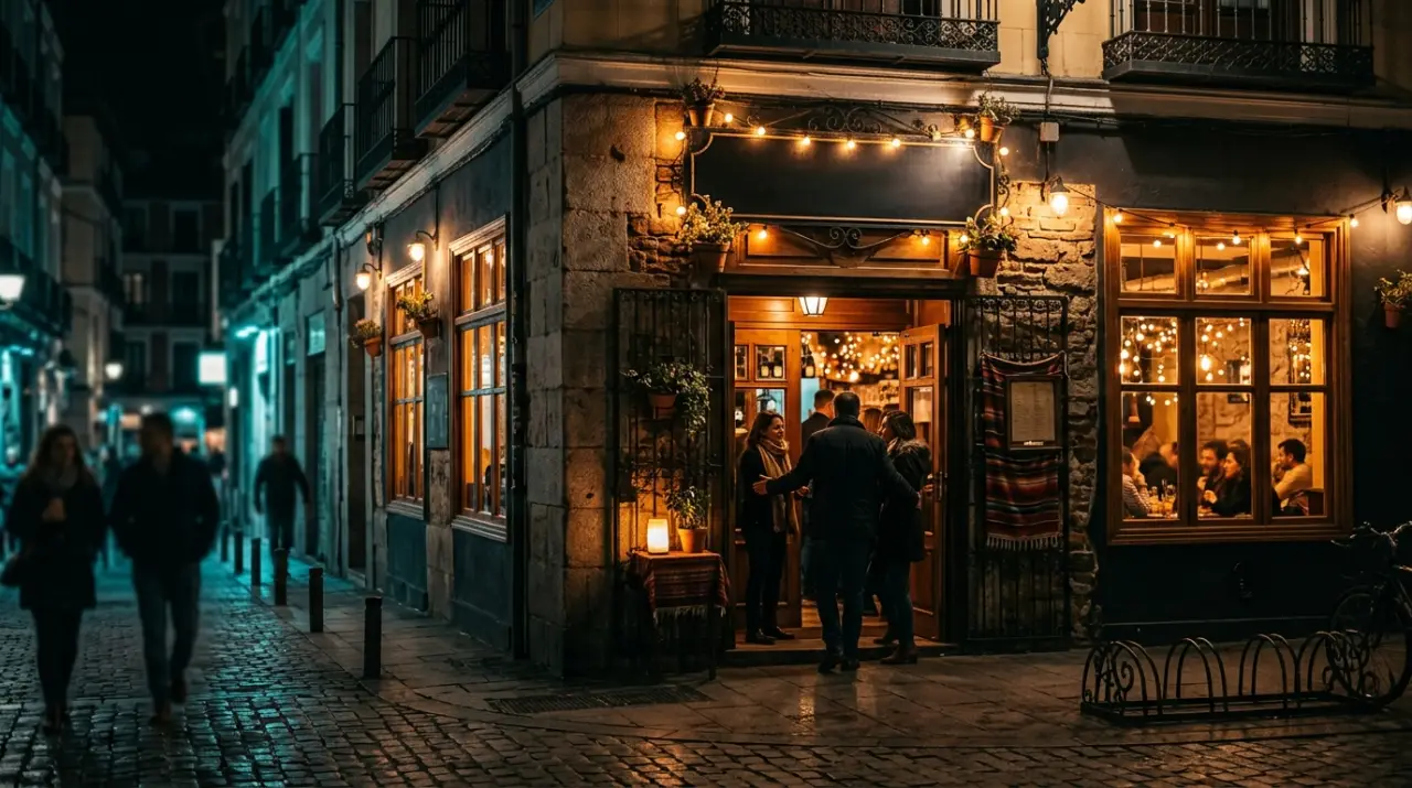 Fachada de restaurante mexicano acogedor iluminado de noche en una esquina de Madrid