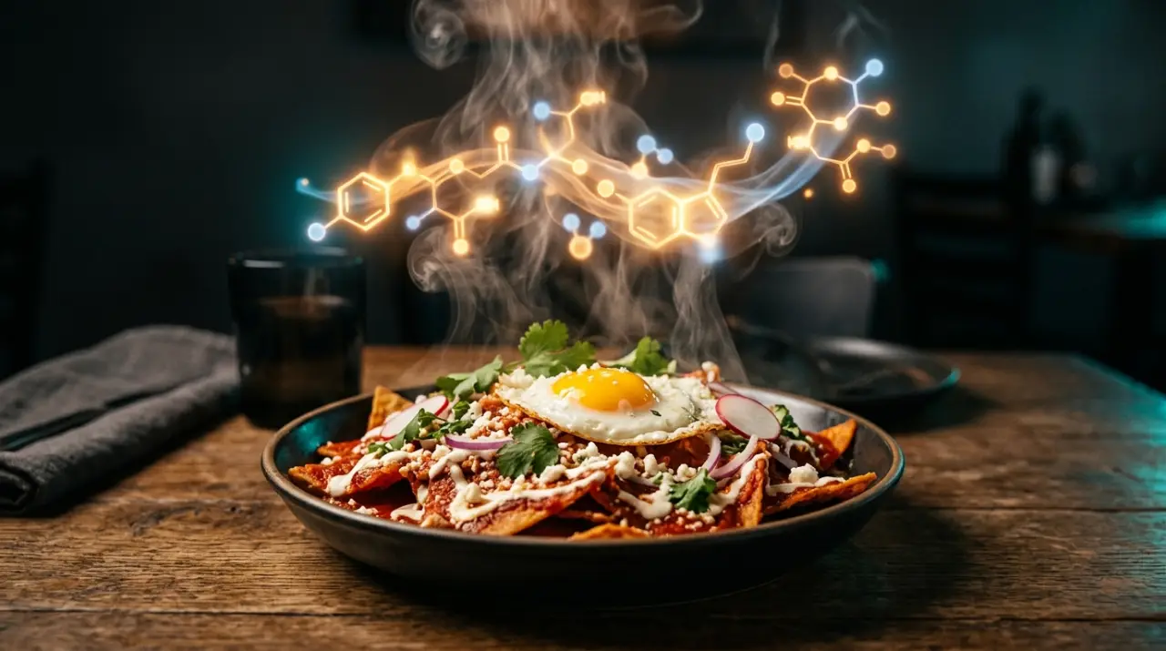 Formas luminosas como moléculas de endorfina sobre un plato de chilaquiles rojos