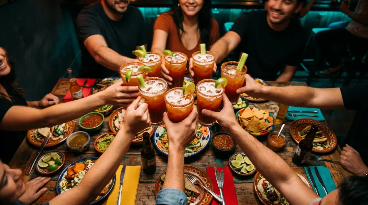 Manos brindando con micheladas sobre una mesa llena y colorida