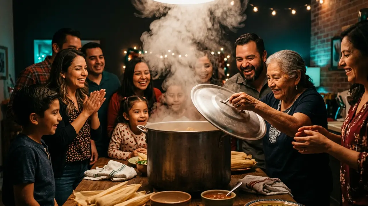Olla enorme de tamales abriéndose entre vapor en una reunión familiar