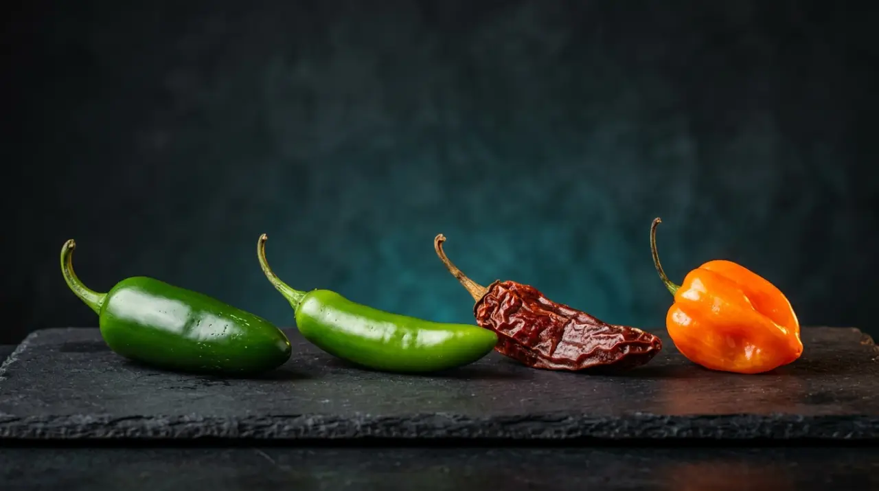 Escalera de picor: jalapeño, serrano, chipotle y habanero en línea ascendente