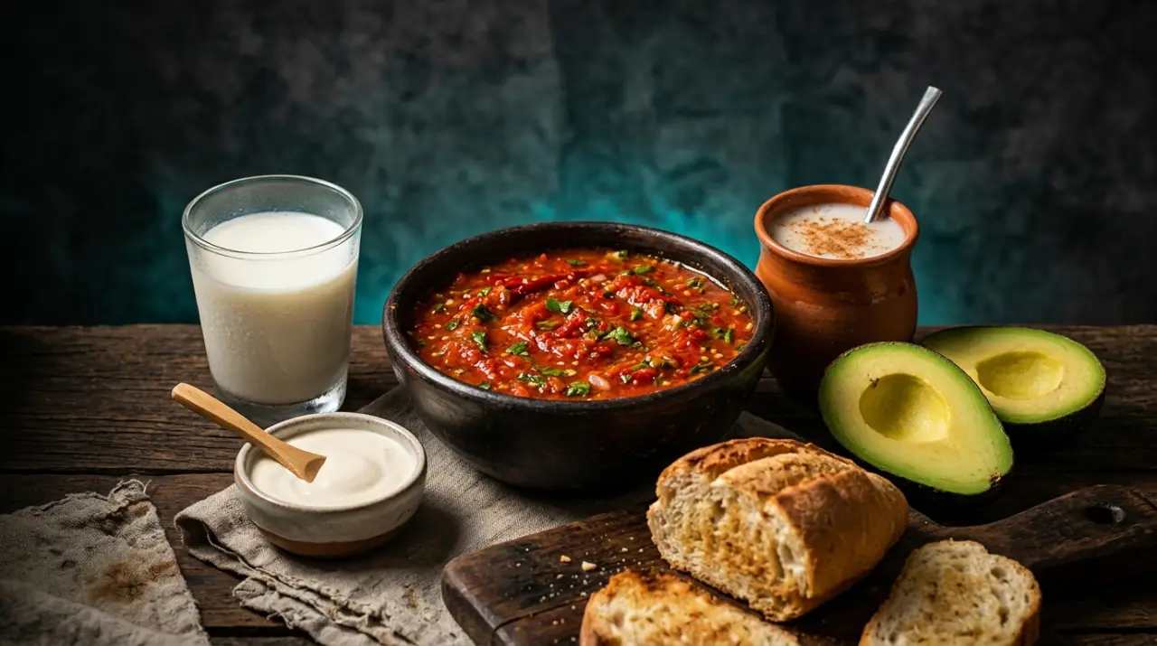 Leche, crema, aguacate y pan rodeando una salsa roja picante