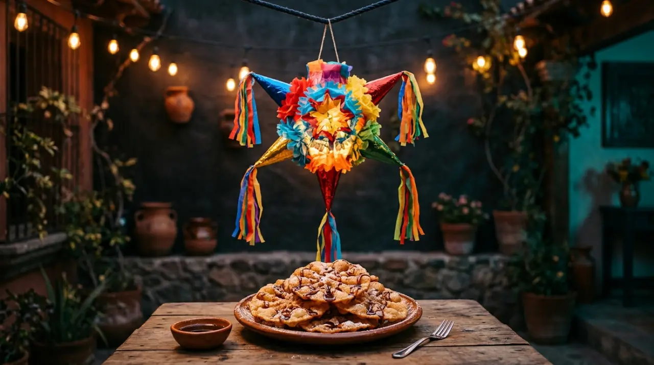 Piñata de siete picos colgada en un patio nocturno con buñuelos con miel de piloncillo