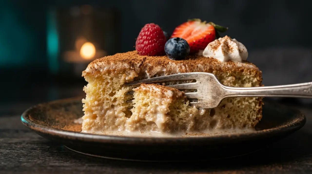 Rebanada de pastel tres leches empapado con canela y tenedor entrando