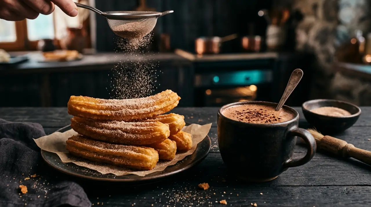 Churros dorados con azúcar y canela junto a chocolate caliente espeso
