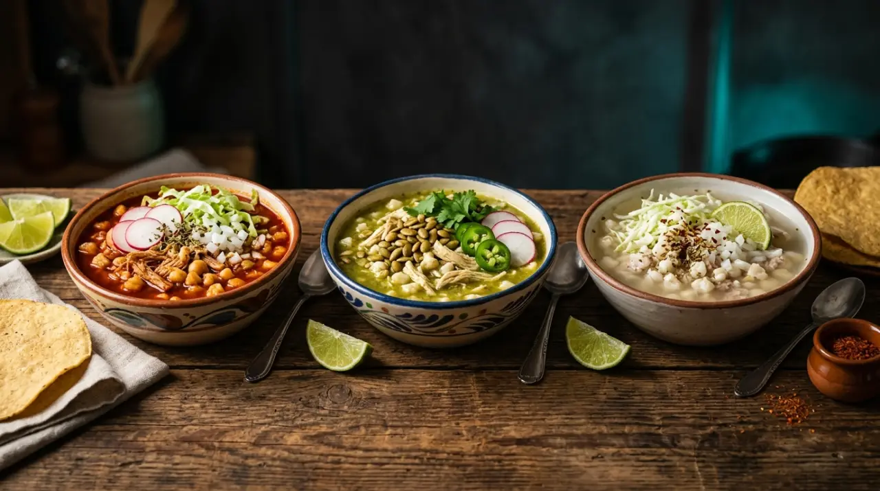 Tres cuencos de pozole rojo, verde y blanco vistos desde arriba