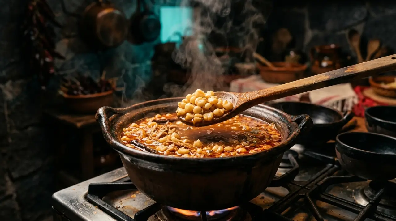 Olla de barro con pozole hirviendo y cuchara levantando granos de maíz