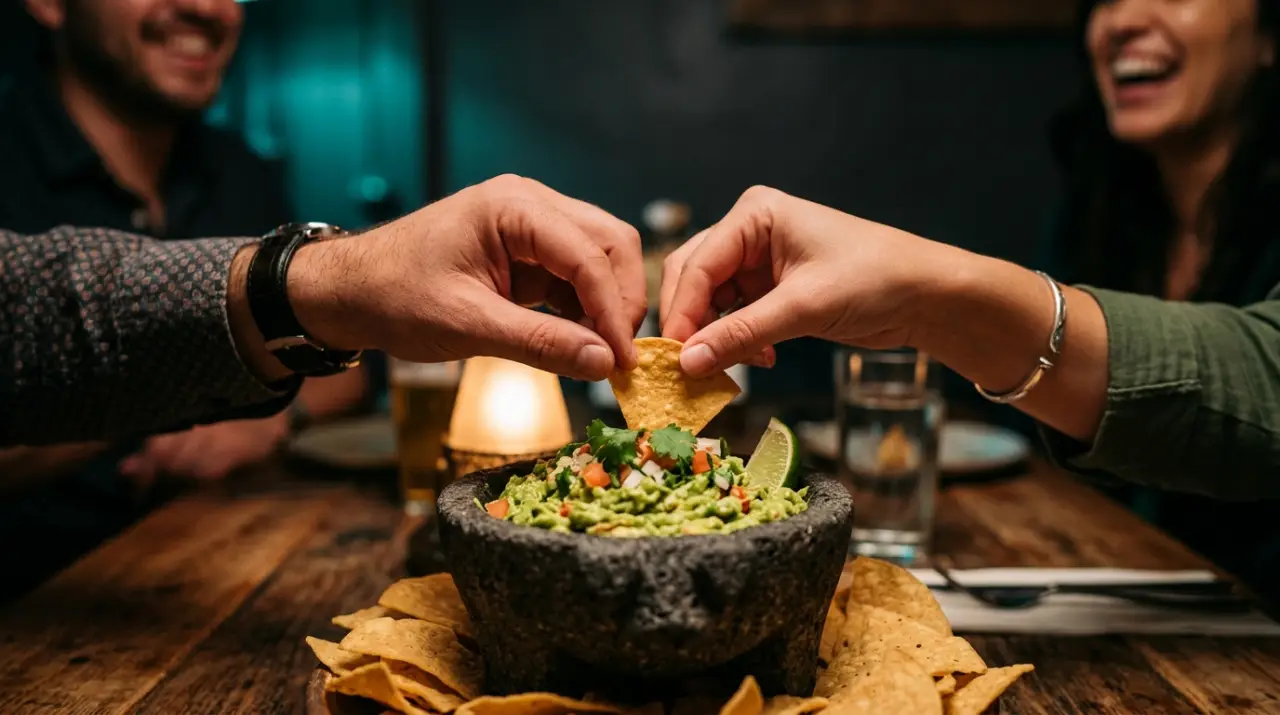 Dos manos alcanzando el mismo totopo sobre un molcajete de guacamole