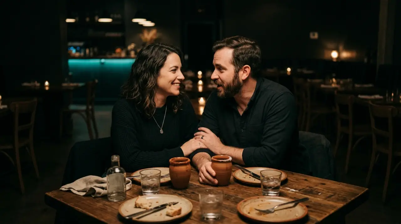 Pareja en sobremesa larga con copitas de mezcal y el restaurante vaciándose