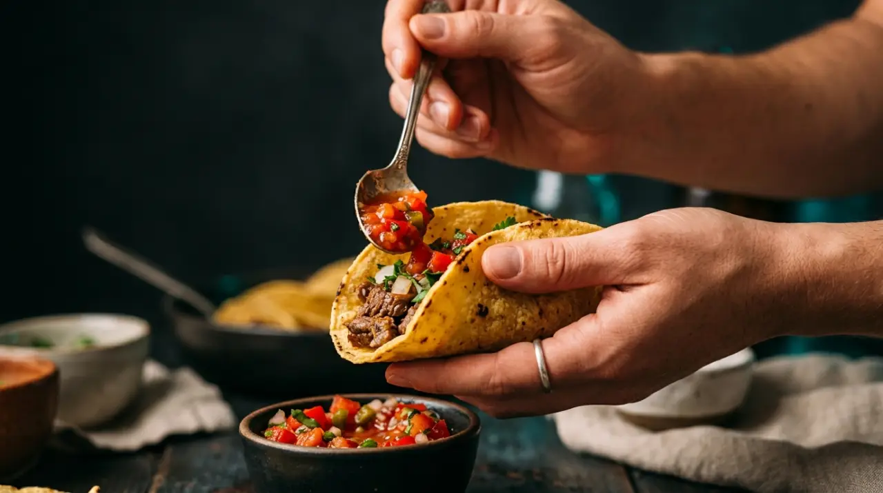 Manos doblando correctamente un taco de tortilla doble inclinado con salsa