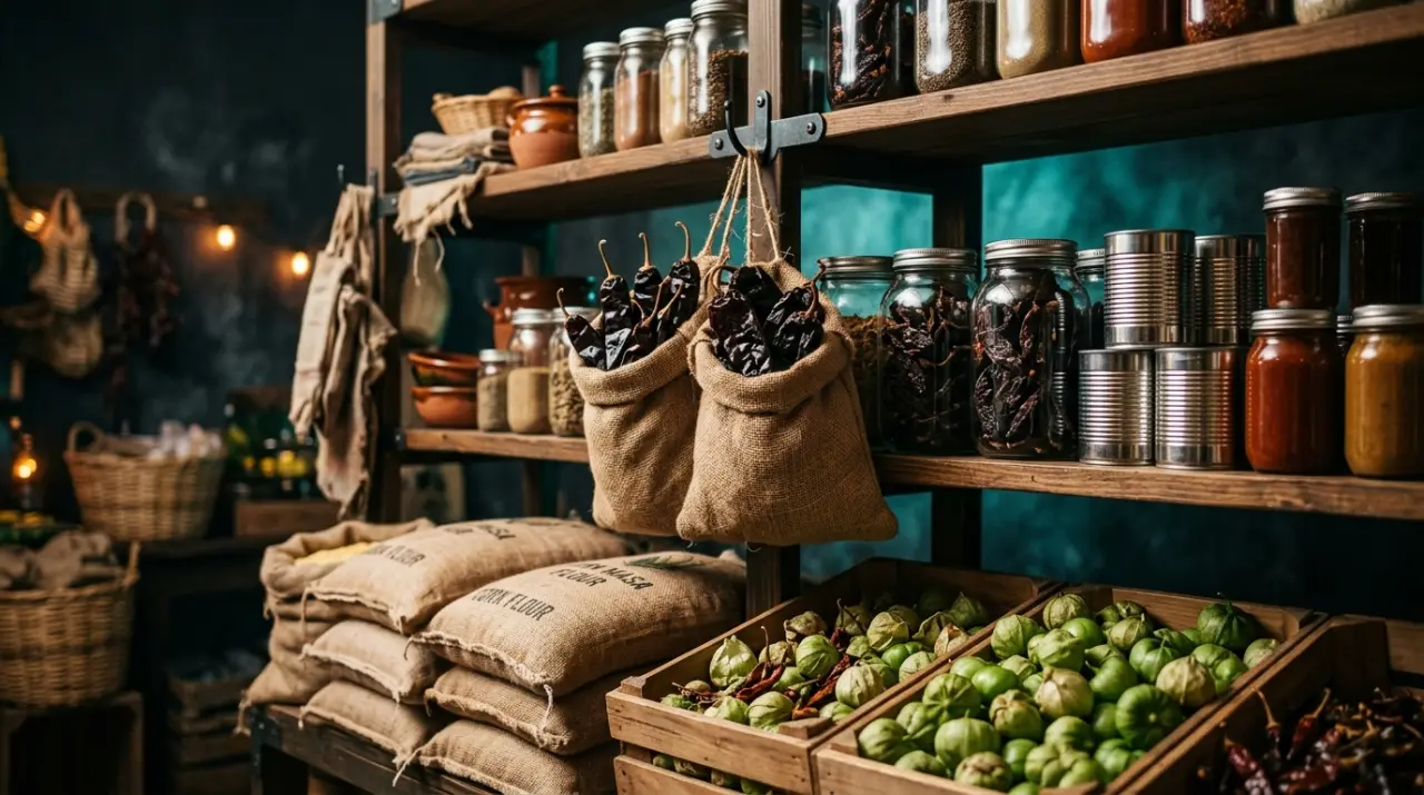 Estantes con bolsas de chiles guajillo, ancho y chipotle, harina de maíz y tomatillos