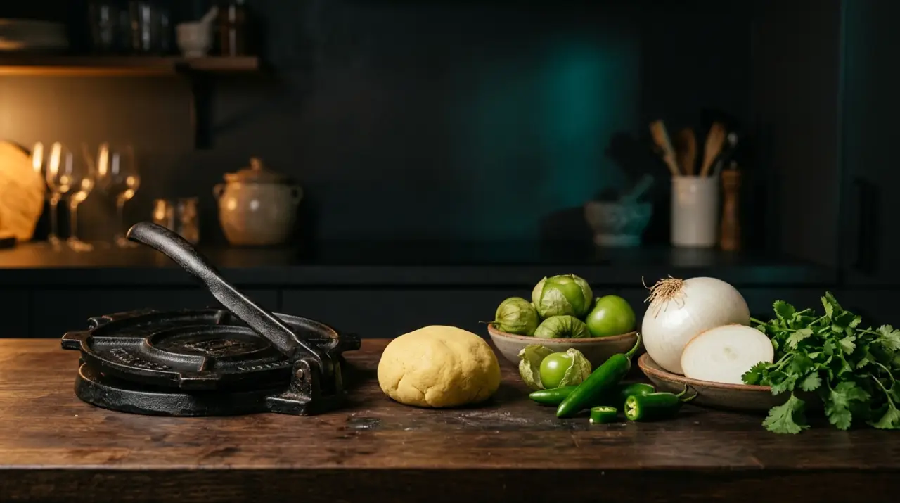 Cocina casera con prensa de tortillas, masa fresca, tomatillos y chiles serranos