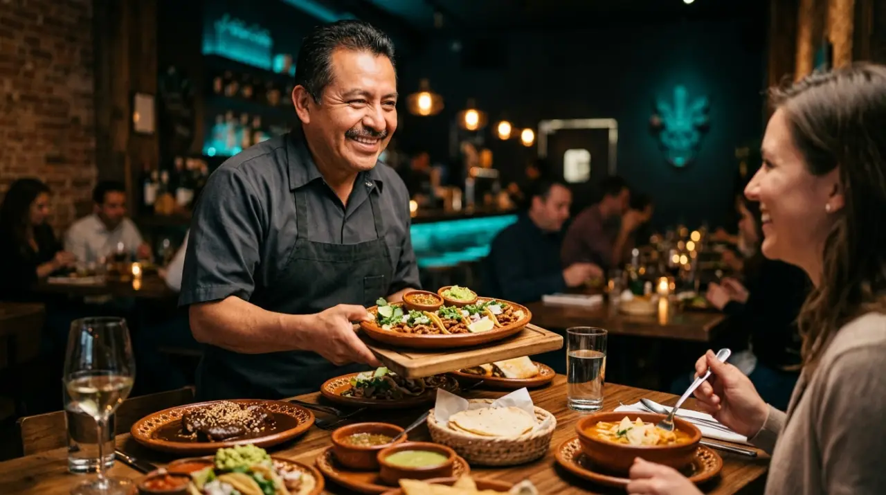 Camarero mexicano sonriente sirviendo una mesa llena de platillos