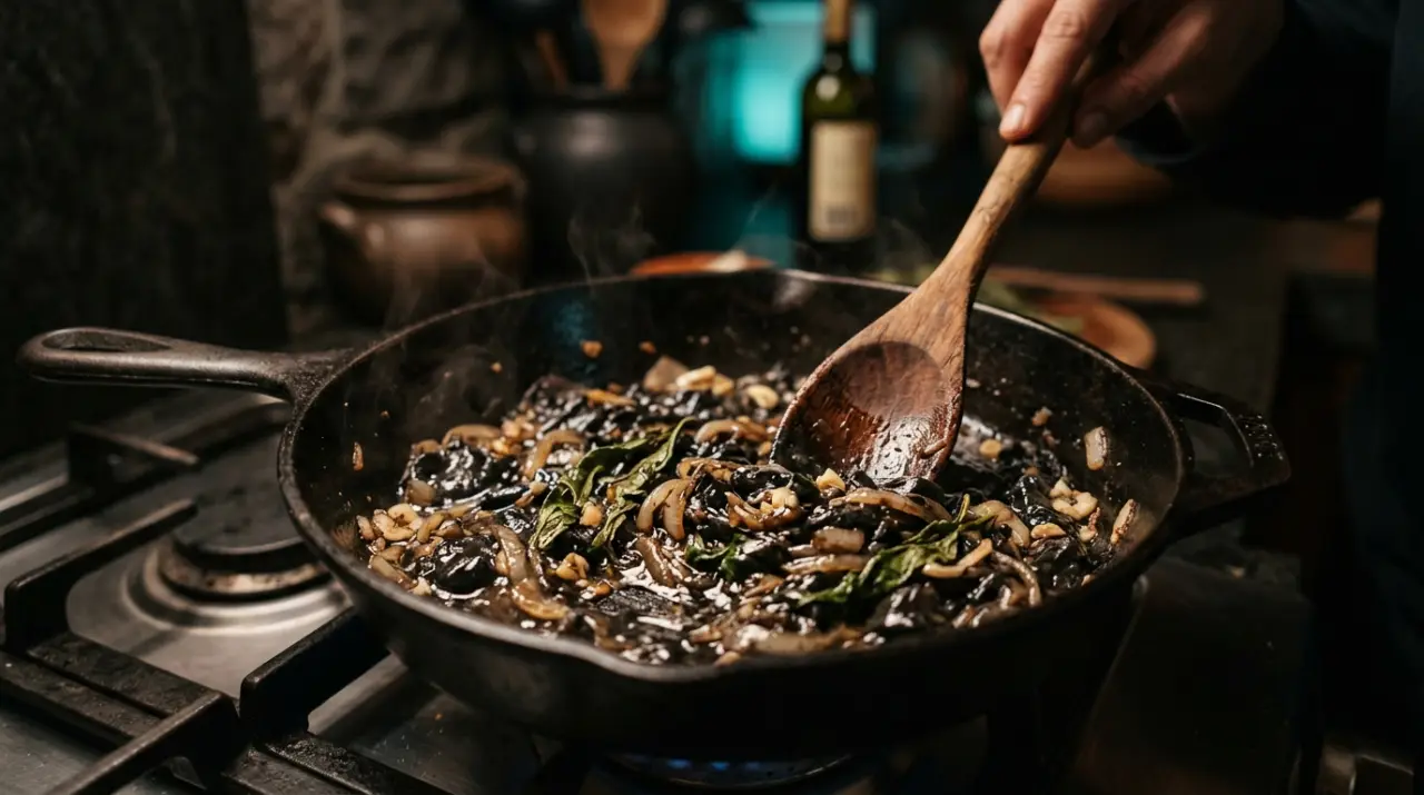 Huitlacoche salteado con cebolla, ajo y epazote en una sartén