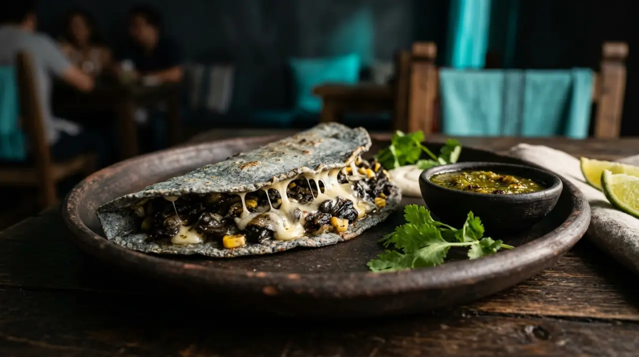 Quesadilla de maíz azul abierta mostrando relleno de huitlacoche con queso