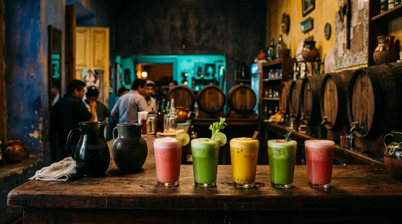 Interior de pulquería tradicional con vasos de curados de colores