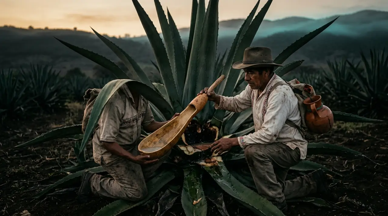 Tlachiquero extrayendo aguamiel del corazón de un maguey al amanecer