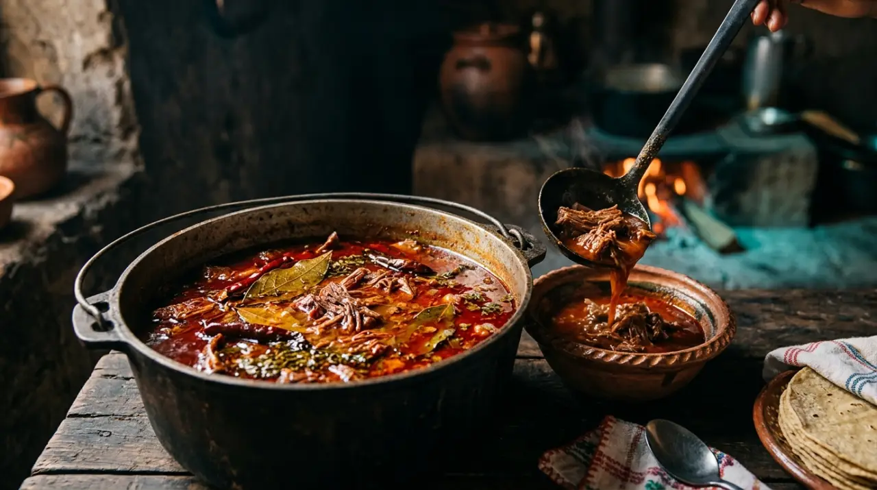 Olla de birria con carne tierna en caldo rojo de guajillo servida en cuenco de barro