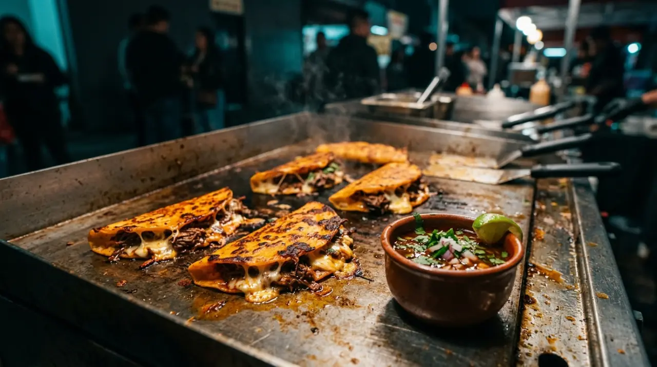 Tacos de quesabirria dorándose en la plancha con queso fundido y consomé al lado