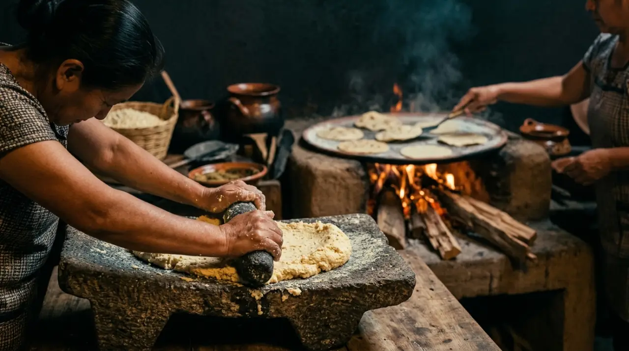 Metate de piedra moliendo nixtamal en masa fresca con tortillas al fondo