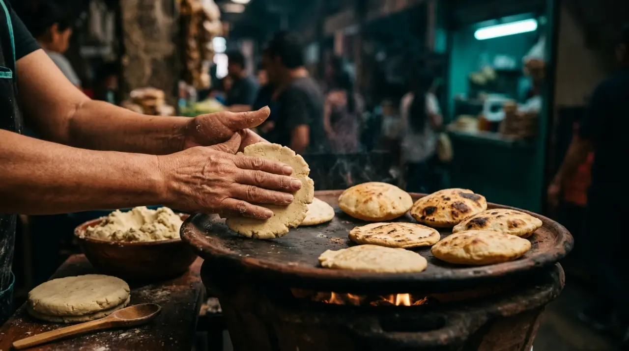 Gorditas de maíz cociéndose en un comal de barro con manos dándoles forma
