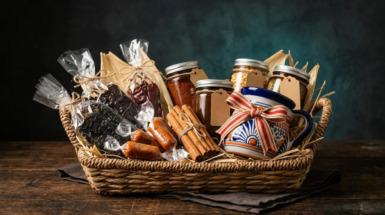 Cesta regalo con chiles secos, dulces de tamarindo, canela y taza de talavera