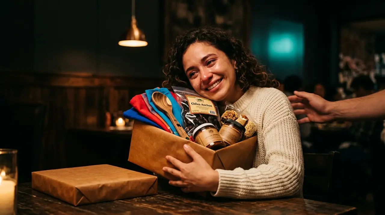 Persona emocionada abriendo una caja con productos mexicanos