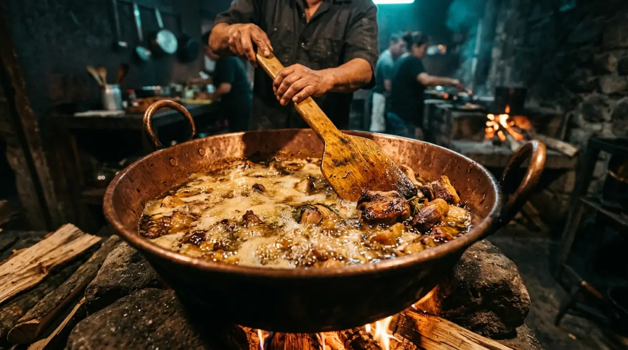 Cazo de cobre con carnitas confitándose en manteca dorada al estilo Michoacán