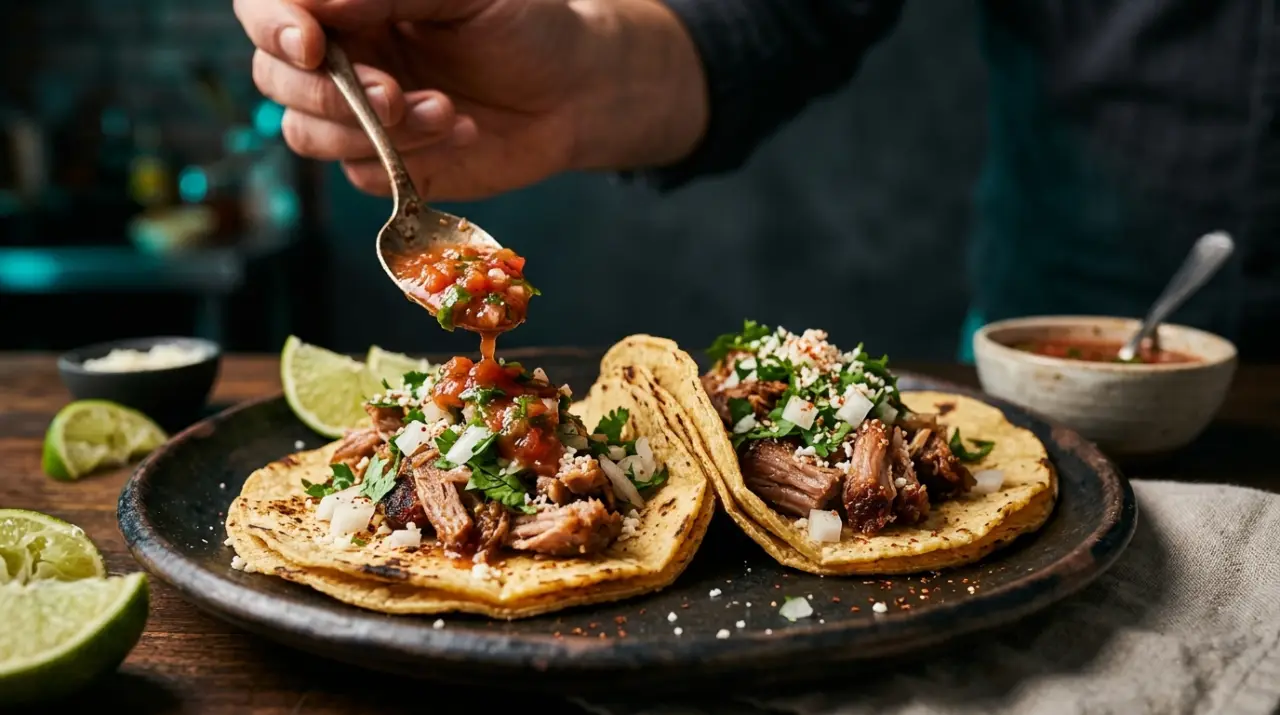 Tacos de carnitas con cilantro, cebolla y limón en tortilla doble de maíz
